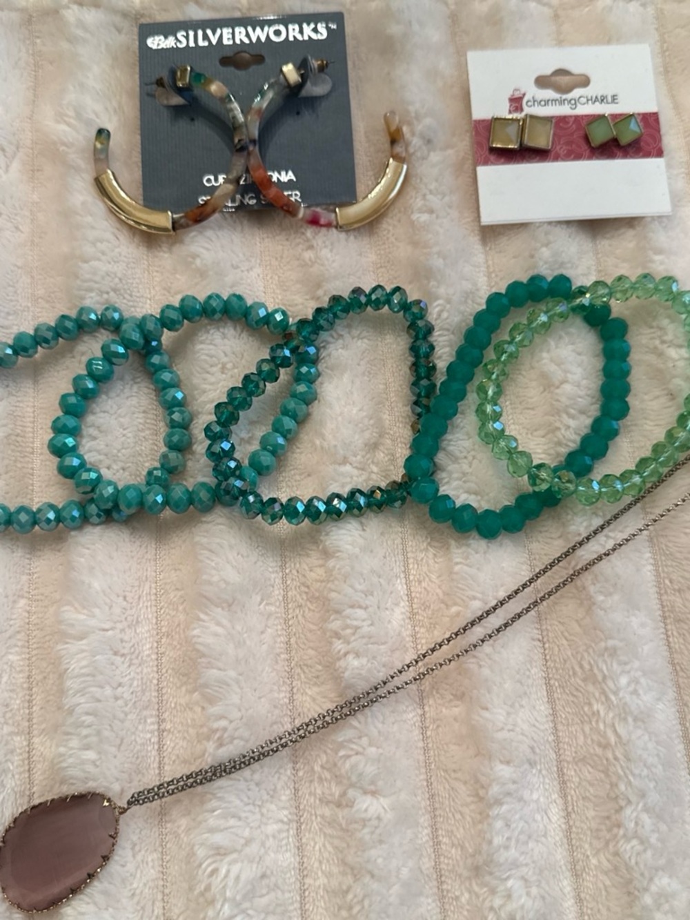 Teal & Light Green Beaded Stretch Bracelet Set; amethyst necklace; earrings